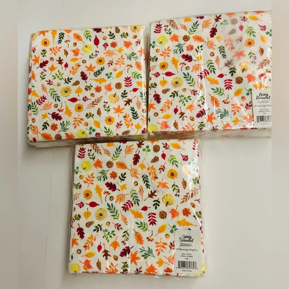 New 3 Packages of Casey Krimmel 40 Paper Beverage Napkins Fall Leaves